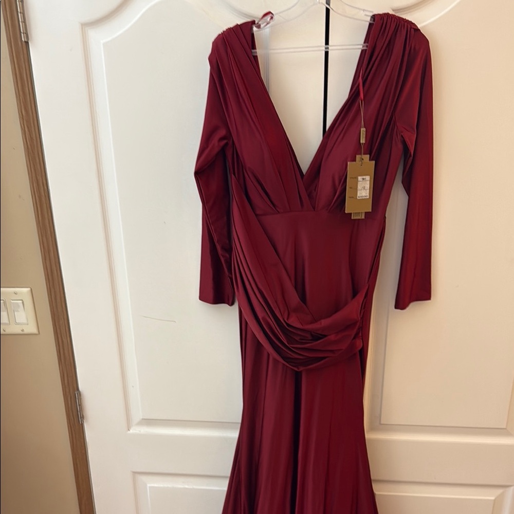 Burgundy Ruched Wrap Gown with Plunge Neckline